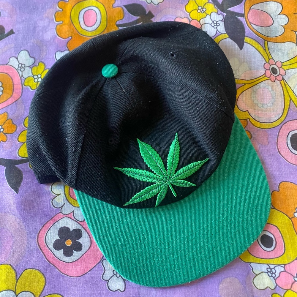 Black & Green Snapback Cap with Embroidered Leaf